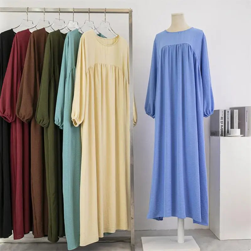 Spring Autumn Muslim Dress Women Loose Maxi Dresses Fashion Female Full Sleeve Casual Solid Pockets Robe Long Dresses Vestidoes.