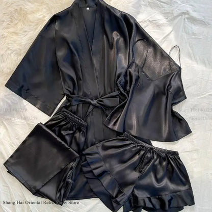 Frühling Sommer Neue Frauen Pyjama Vier Stück Anzug Nachtwäsche Seidige Satin Kimono Bademantel Hosen Anzüge Lose Hause Kleidung Loungewear.