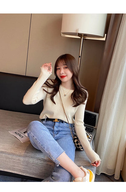 2025Oansatz Rippen Langarm Koreanische Dünne Weibliche Pullover Frauen Pullover Stricken Weiche Jumper Tops Geraffte Herbst Winter Tops