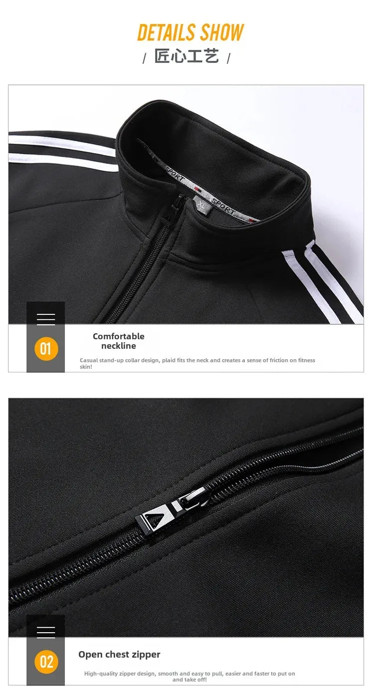 New Casual Men's Sport Suit Striped Ankle-Length Cotton Stand Collar Jacket With Three Buttonts Slim Fit Pants 2-Piece Set