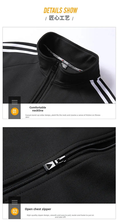 New Casual Men's Sport Suit Striped Ankle-Length Cotton Stand Collar Jacket With Three Buttonts Slim Fit Pants 2-Piece Set