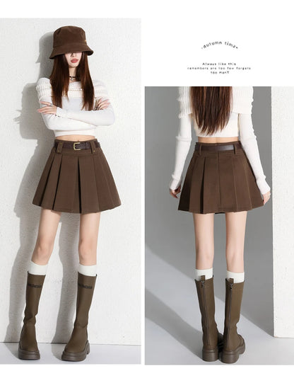 Preppy Style Coffee Woolen Skirt for Women Autumn Winter 2025 Chic High-waisted Mini Skirt Female Korean Thick Outwear Faldas.