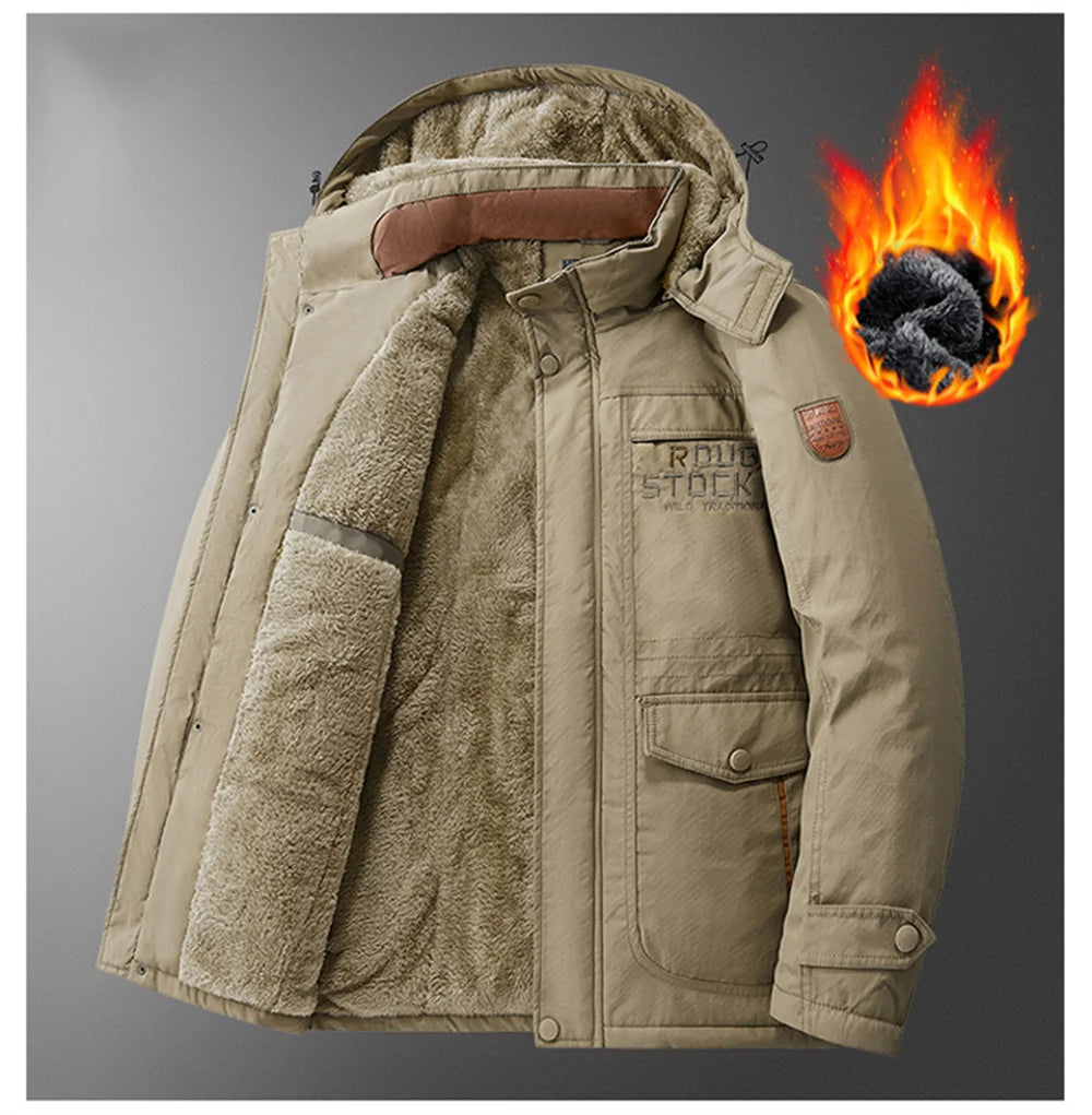 New Autumn/Winter Men's Fleece-Lined Thickened Cotton Coat Casual Vintage Workwear Jacket with Detachable Hood Multiple Pockets.