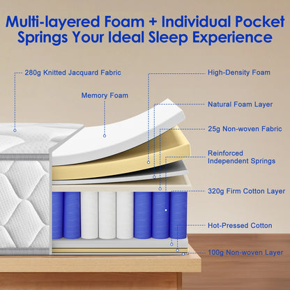 AUTHMIC Orthopädische Matratze 25 cm mit Taschenfedern, 7-Zonen-Rückenstütze, mittelfestes Gefühl, atmungsaktiver, hautfreundlicher Stoff