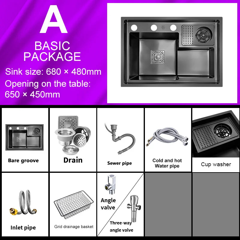 Stepped Stainless Steel Sink Kitchen with Cup Washer Multifunctional Large Single Slot Washbasin Dishwasher Sinks