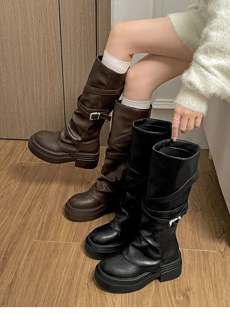 Vintage Thick Heel Women Knight Long Boots Fashion Slip On Knee High Booties Autumn Winter Shoes Zapatos De Mujer.