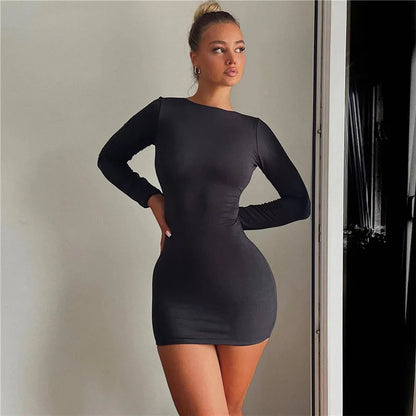 Zahlung Casual Mini Kleid Frauen Prägnante Klassische Backless Volle Hülse O-ansatz Grundlegende Weibliche Bodycon Straße Kleidung