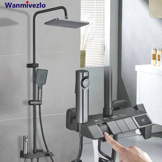 Smart Digital Display Shower Faucet Set Piano Style Rainlfall Bathroom System Grey Digital Mixer Tap Bidet Shower