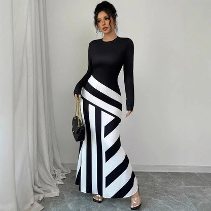 Sexy frauen Maxi Kleider Neue Herbst Streetwear Fashion Schwarz Weiß Patchwork Beiläufige Dünnes Kleid Elegante Gestrickte Kleider Kleidung