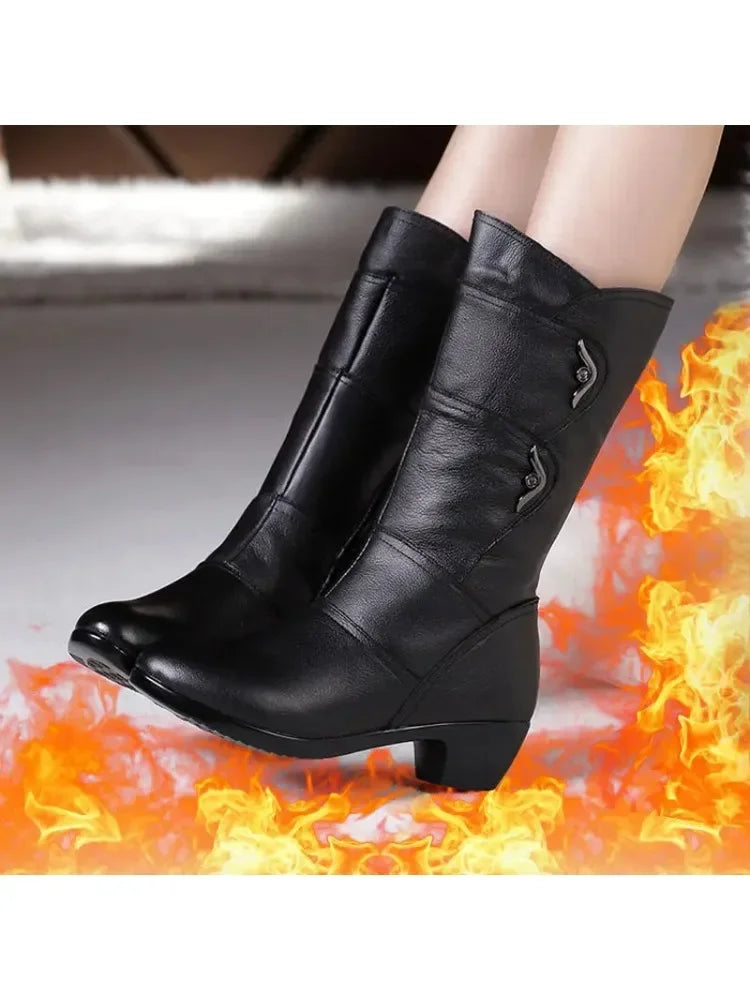 2025 Winter Leather Women Winter Boots Thick Wool Warm Women High-heeled Genuine Boot High-quality Female Snow Boots Women Shoes.