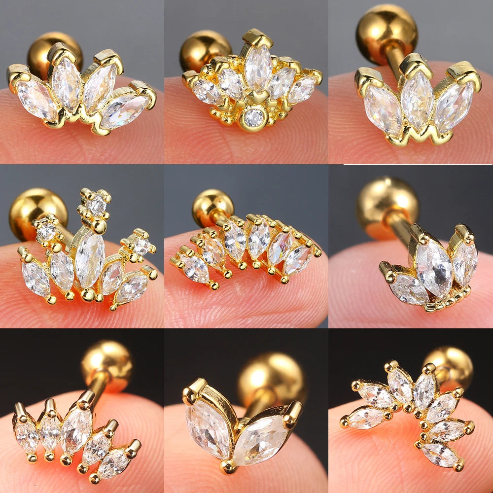 1pc Tragus Piercing Ear Stud Earring For Women Girls Cubic Zirconia Crown Small Helix Pierced Gold Color Ear Accessories Gifts.