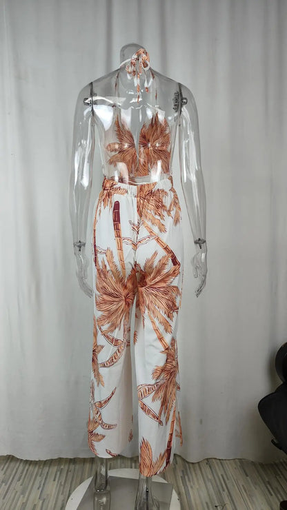 Elegant Two Piece Outfits For Women 2025 Sexy V-Neck Strap Backless Lace-up Slim Crop Top & Wide Leg Pants Sets Summer Lady Suit