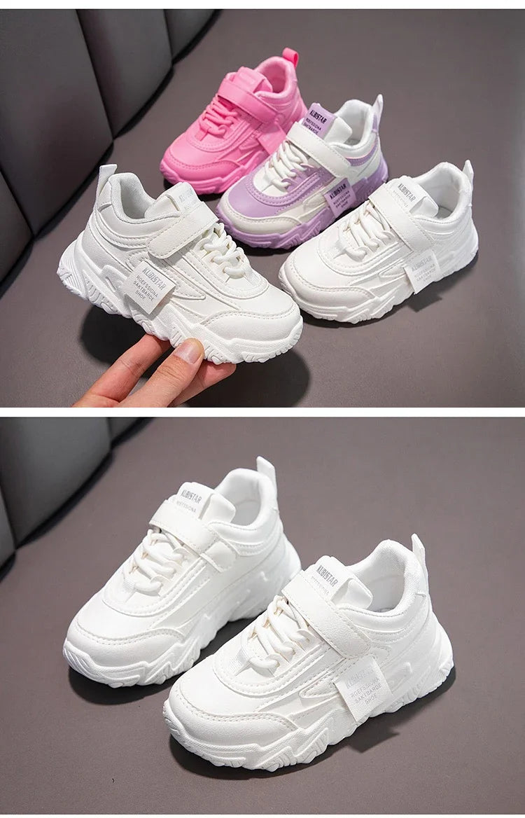 2024 New Versatile Soft Breatheable Hook & Loop White Boys and Girls Children Sneakers Cute Korean Style Uniform School Shoes.