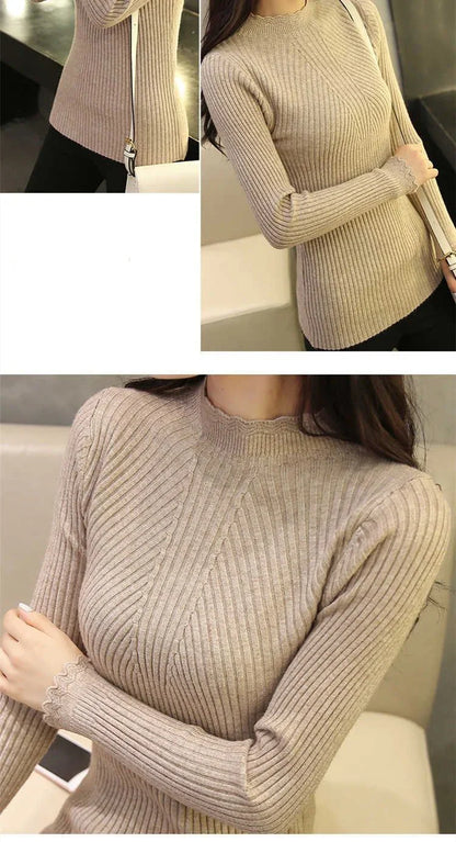 Frauen Mock Neck Rüschen Pullover Langarm Gestrickte Bodenbildung Solide Pullover Frauen Casual Streifen Pullover Herbst Winter 2023