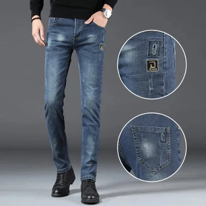 Slim Fit Men's Jeans Casual Elastic Korean Style Autumn Grey Trendy Long Pants Versatile Slim Legged Casual Trousers