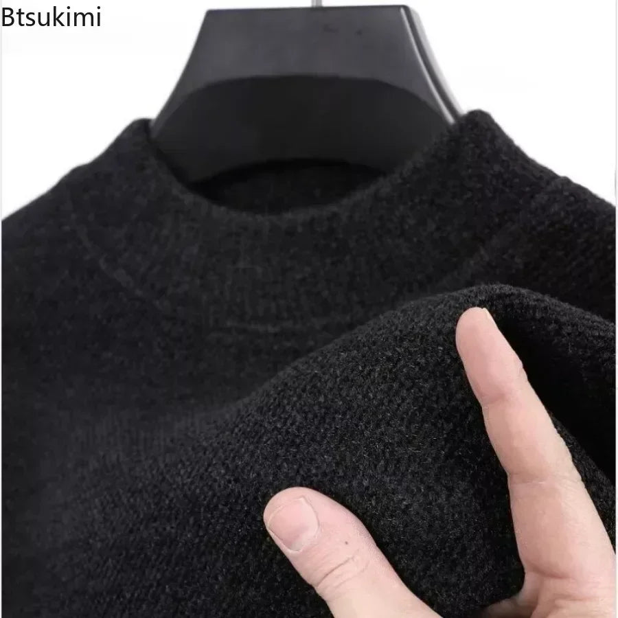 New 2025 Men's Cashmere Sweater Warm Thickened Winter Casual Solid Knitted Pullovers Mock Neck Thicker Fleece Sweater for Men.