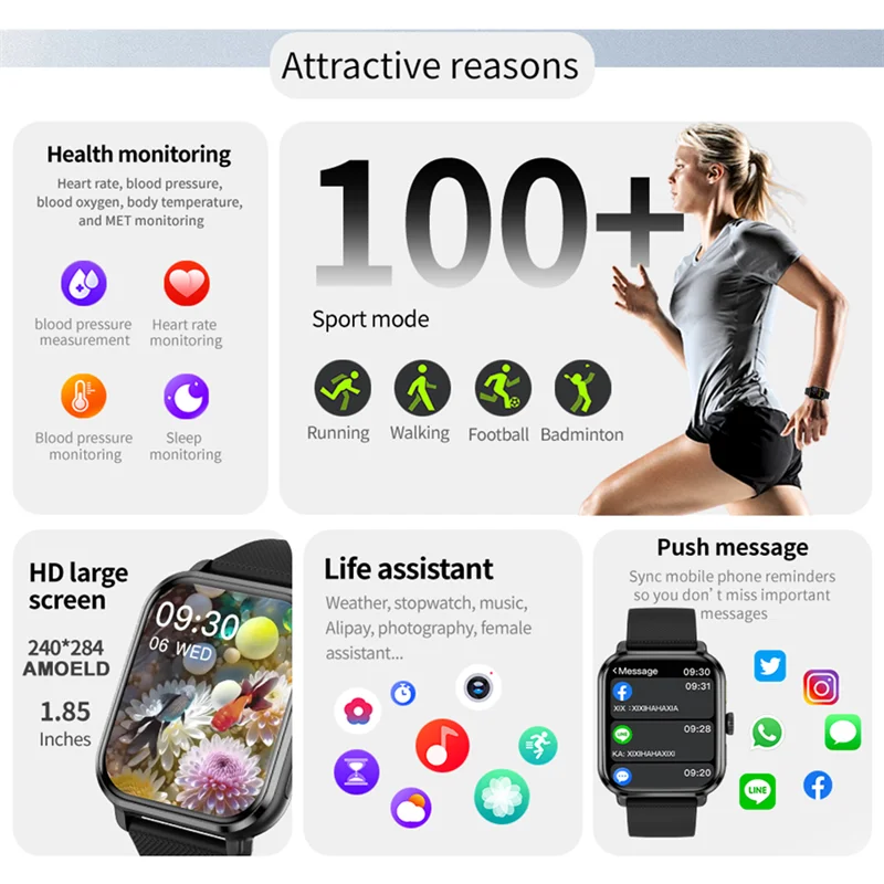 Smart Watch Women Man 1.85" HD Screen GPS Sport trajectory Heart Rate Health Watches Blood oxygen Men Smartwatch For Android IOS.