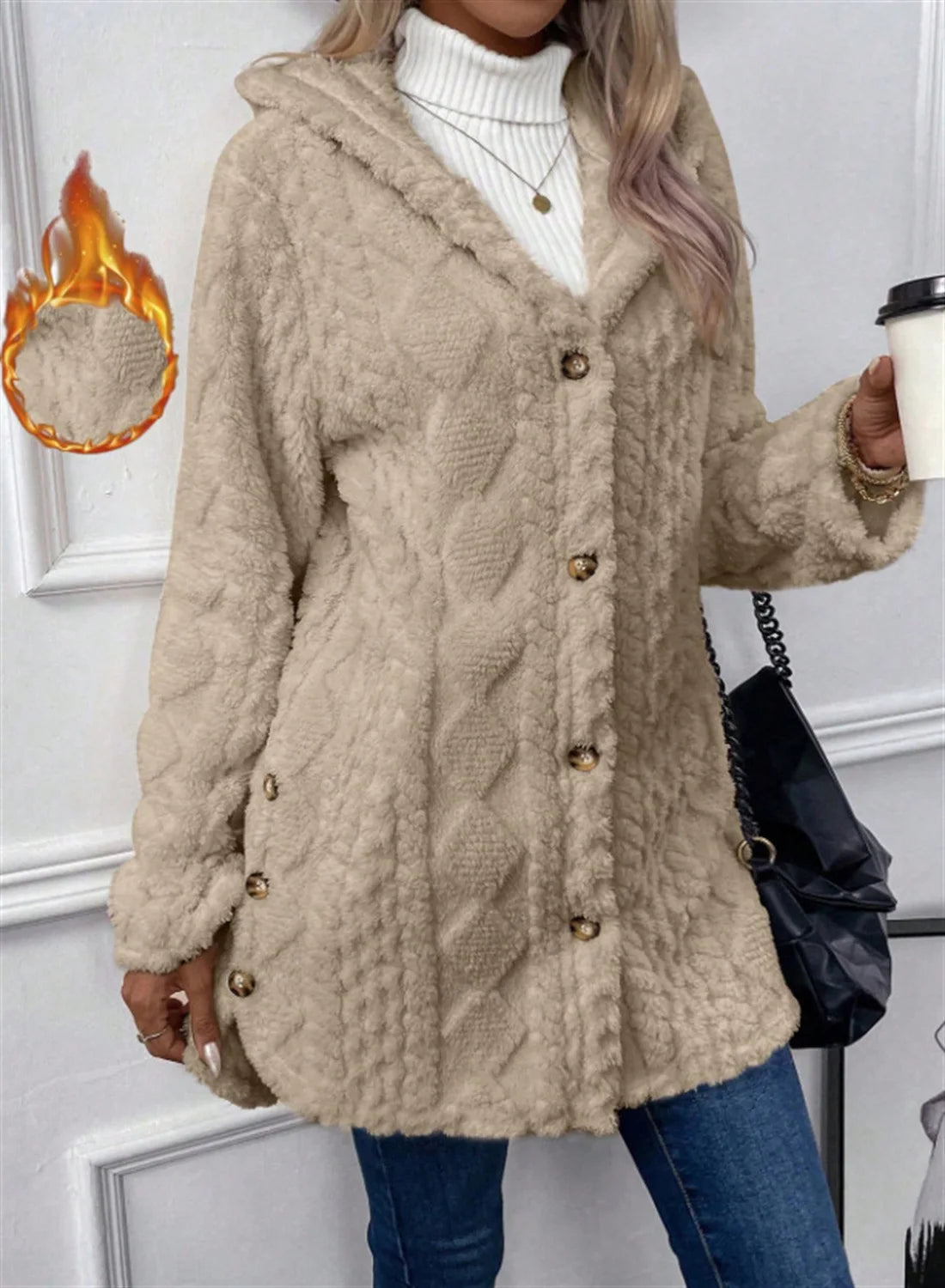 Women Cardigan Hoodie Jacket Autumn Winter Argyle Textured Pattern Hooded Irregular Hem Buttons Fleece Oversized Outerwear Coat