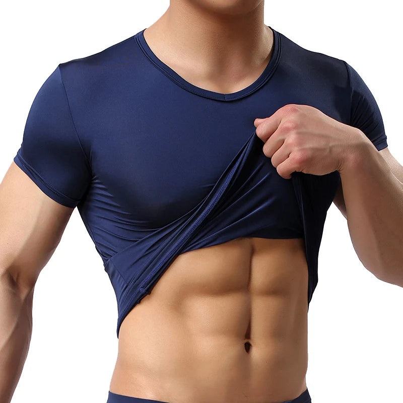 Ice Silk T Shirt for Men Summer Breathable Short Sleeve Tops Men's Quick Dry T-shirt Trainer Slim Tops.