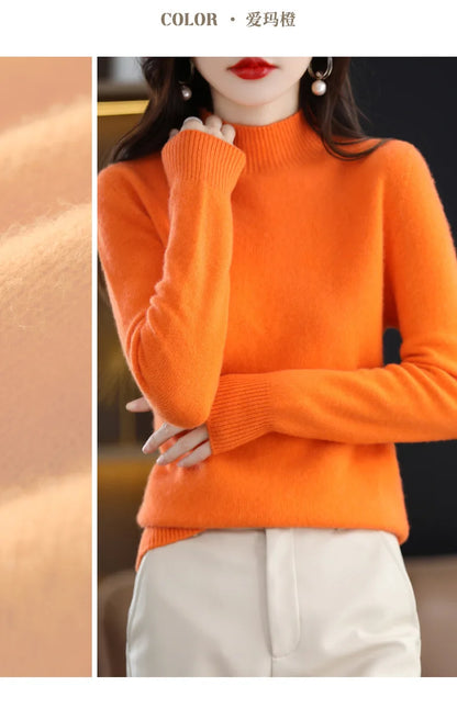 Herbst Winter Frauen Pullover Koreanische Mode Warme Bodenbildung Shirts Halb Hohe Kragen Grundlegende Strickwaren Solide Langarm Pullover