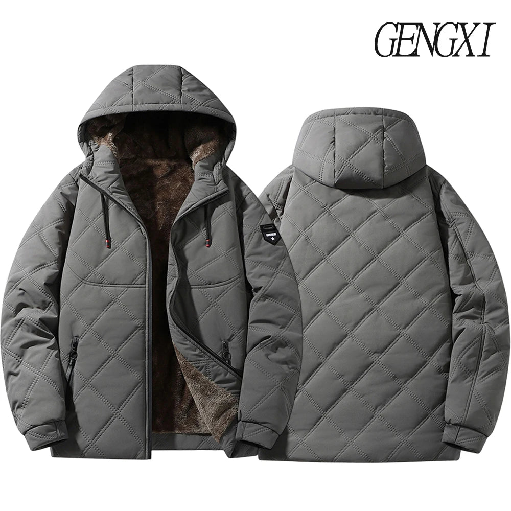 Winter Windproof Thermal Diamond-Pattern Fleece-Lined Thickened Cotton Coat Business Casual Hooded Jacket Fashionable Menswear.