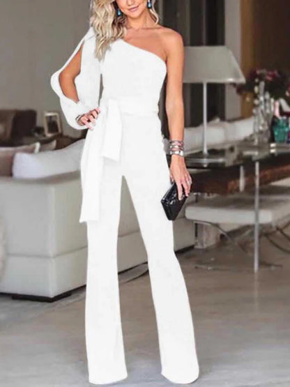 2025 Summer New Women's High Waist Tie Up Solid Color Slim Fit Sexy Jumpsuit Slant Shoulder Elegant Banquet Women's Wear.