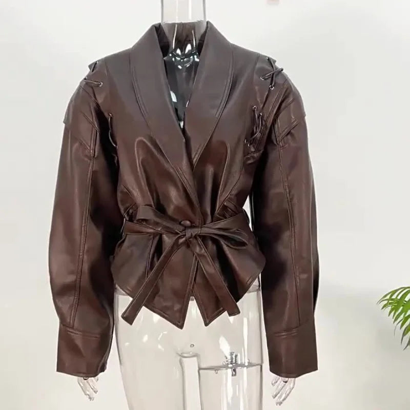 Women Vintage Brown Leather Jacket Lapel Padded Shoulder High Waist Leather Coat With Belt 2025 Lady Autumn Fashion Short Coats.