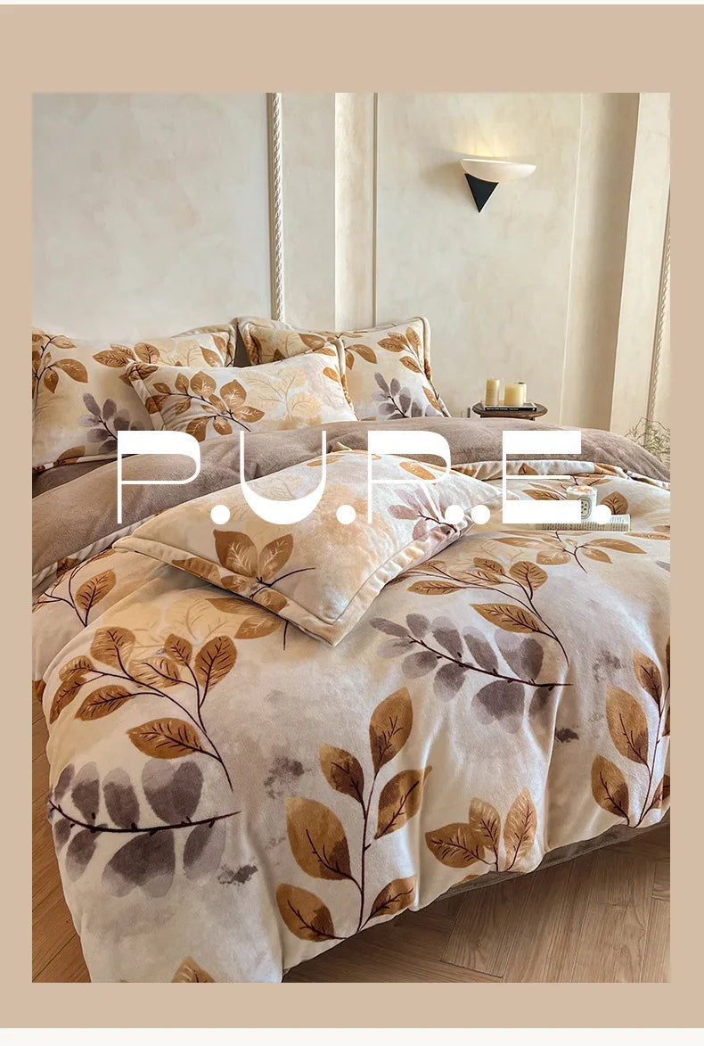 2025 new light luxury style high gram milk fleece 1.5m/1.8m bed four-piece printing warm bed sheet quilt cover.