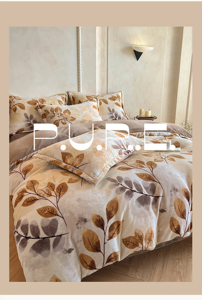 2025 new light luxury style high gram milk fleece 1.5m/1.8m bed four-piece printing warm bed sheet quilt cover.