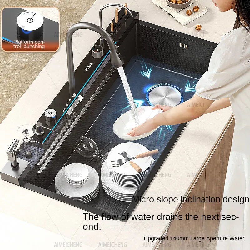 Heißer verkauf Edelstahl Wasserfall Küche Waschbecken Mit Messer Halter Digital Display Wasserhahn Set Geprägte Extra Große Einzigen Slot