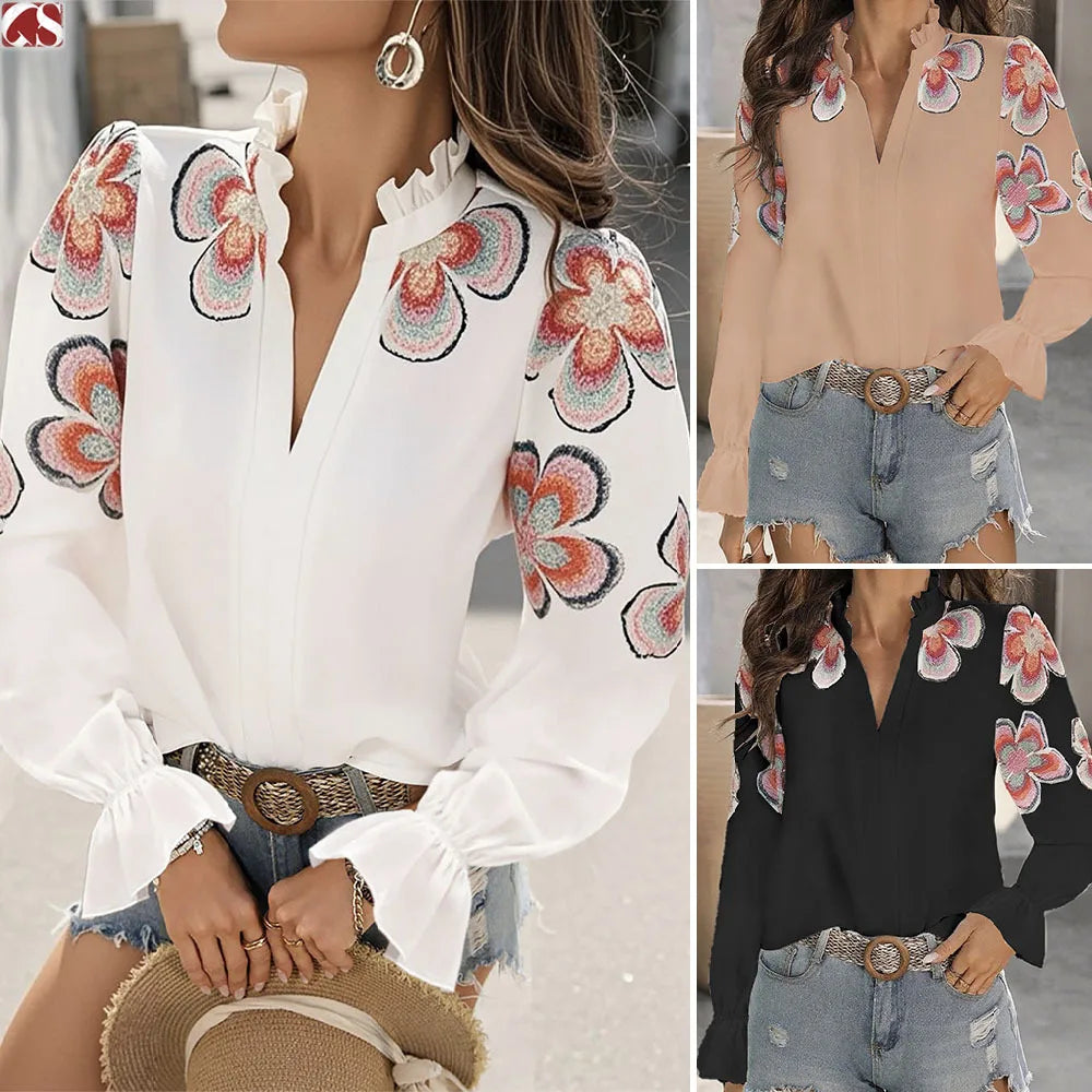 New Fashion American European Women's Printed Casual Trendy Loose V-neck Long Puff Sleeve Simple Basic Shirts Female Clothes.