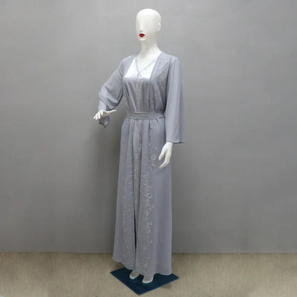 Autumn Fashion Muslim Dresses for Women Muslim Long Sleeve V-neck Party Evening Long Abay Dress Suit Inner and Abaya Outfits