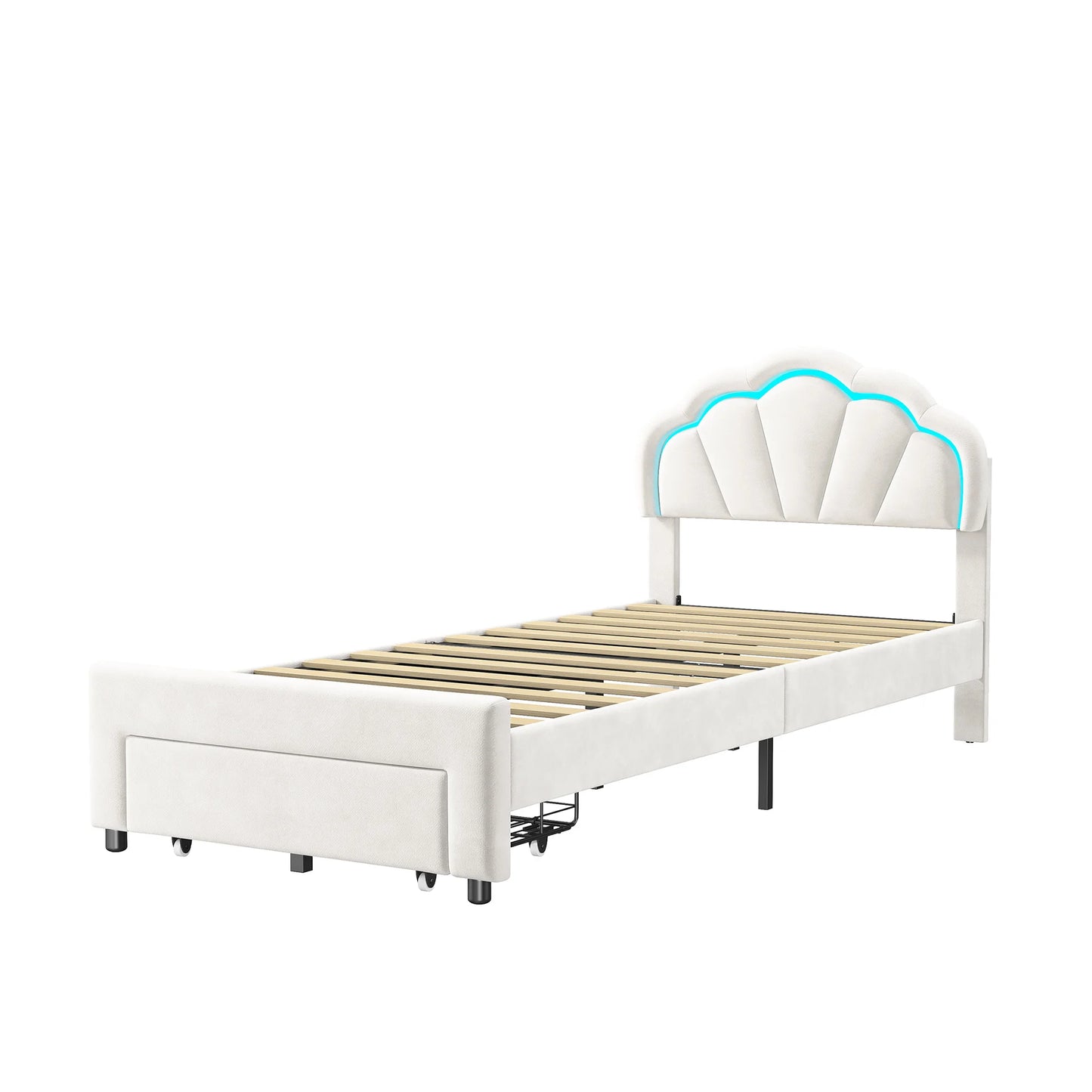 Rosahqnda gepolsterter Bettrahmen mit blumenförmigem Kopfteil, Bettrahmen, Einzelbett, Blütenblattbett, Jugendbett für Jungen und Mädchen