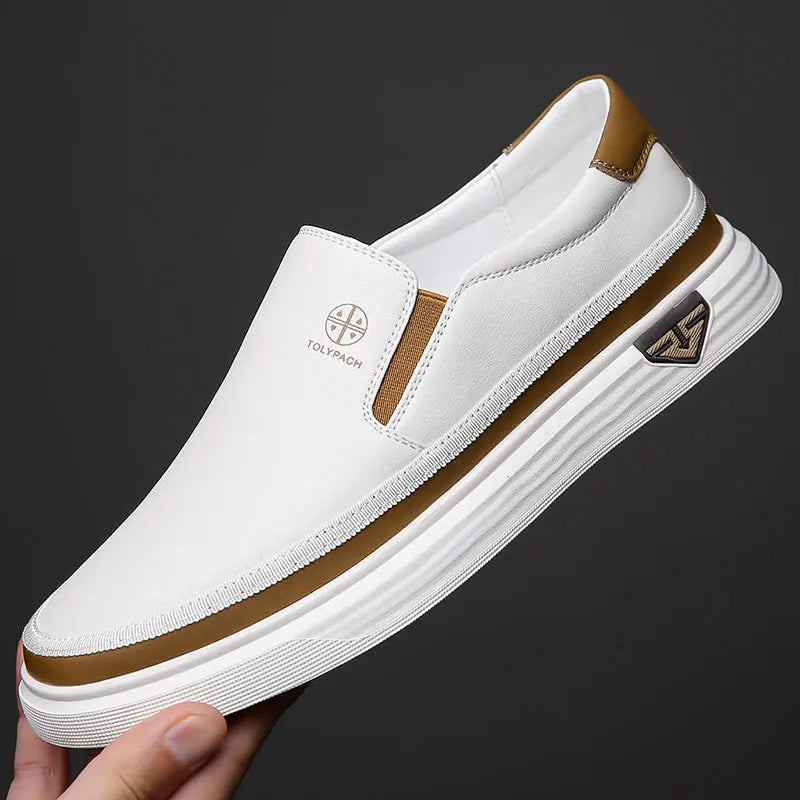 New 2025 Men's Genuine Leather Casual Sneakers Spring Summer Fashion Slip-On White Shoes Soft Sole Comfortable for Everyday Wear.