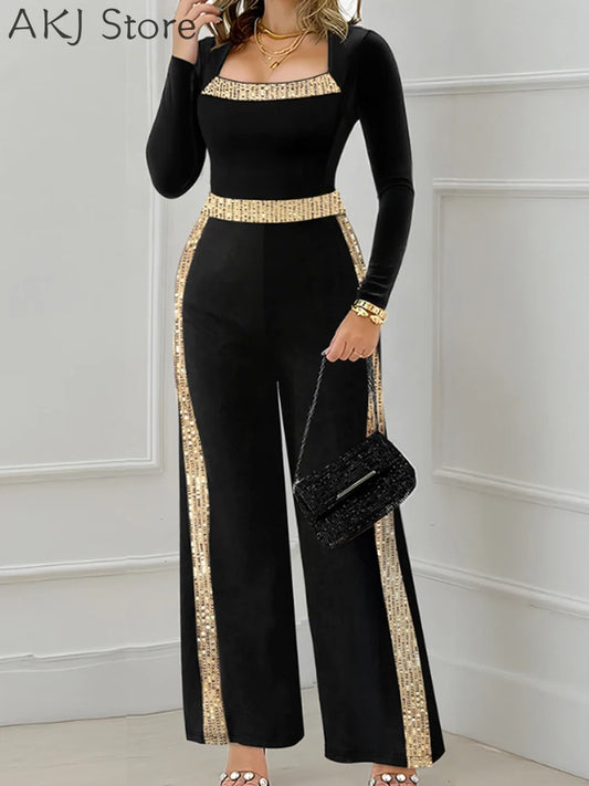 Sequin Bowknot Contrast Sequin Square Neck Long Sleeve Wide Leg Party Jumpsuit.