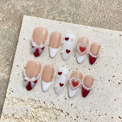 10pcs White French Handmade False Nails 3D Bowknots Designs Press On Nails Rose Pink Detachable Almond Fake Nail Patches.
