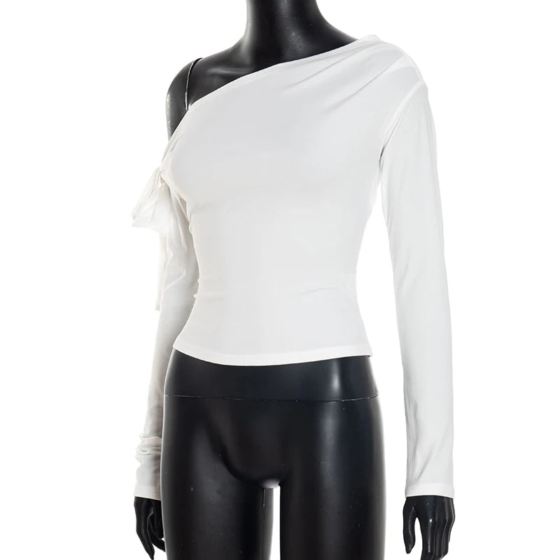 CUTENOVA Fall New Arrival Women Gathered One-Shoulder Twisted Tie-Front Asymmetrical Long-Sleeve T-Shirt Simple Casual Sweet Top.