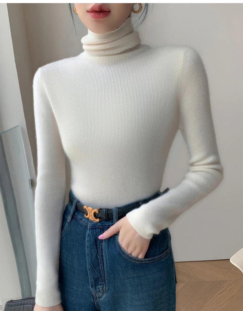 2025 herbst Winter Rollkragen Warme Jumper Lässig Feste Dünne Strickjacke Frauen Langarm Gestrickte Pullover Einfache Basis Schicht Top