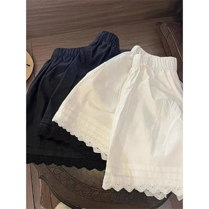 White Lace Trim Patchwork Casual Shorts for Women's High Waisted Wide Leg Vacation Beach Pants Loose Thin Bottoms Home Shorts.