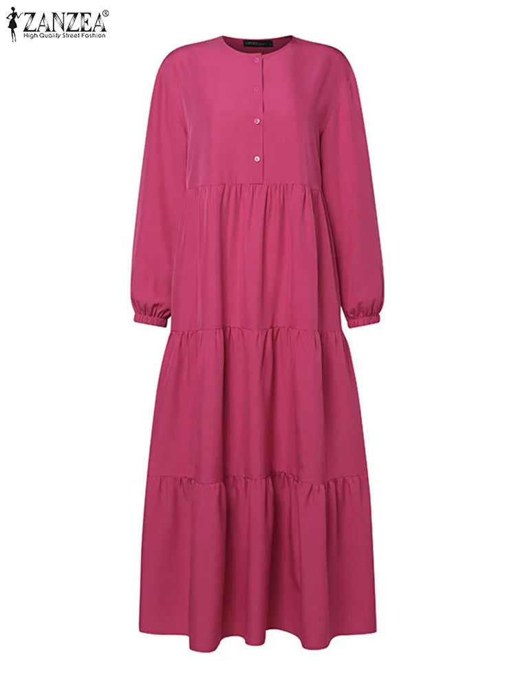 ZANZEA O Neck Casual Loose Maxi Dress Tiered Islamic Hijab Women Long Sleeve Long Vestidos Muslim Fashion Autumn Abaya Robes.