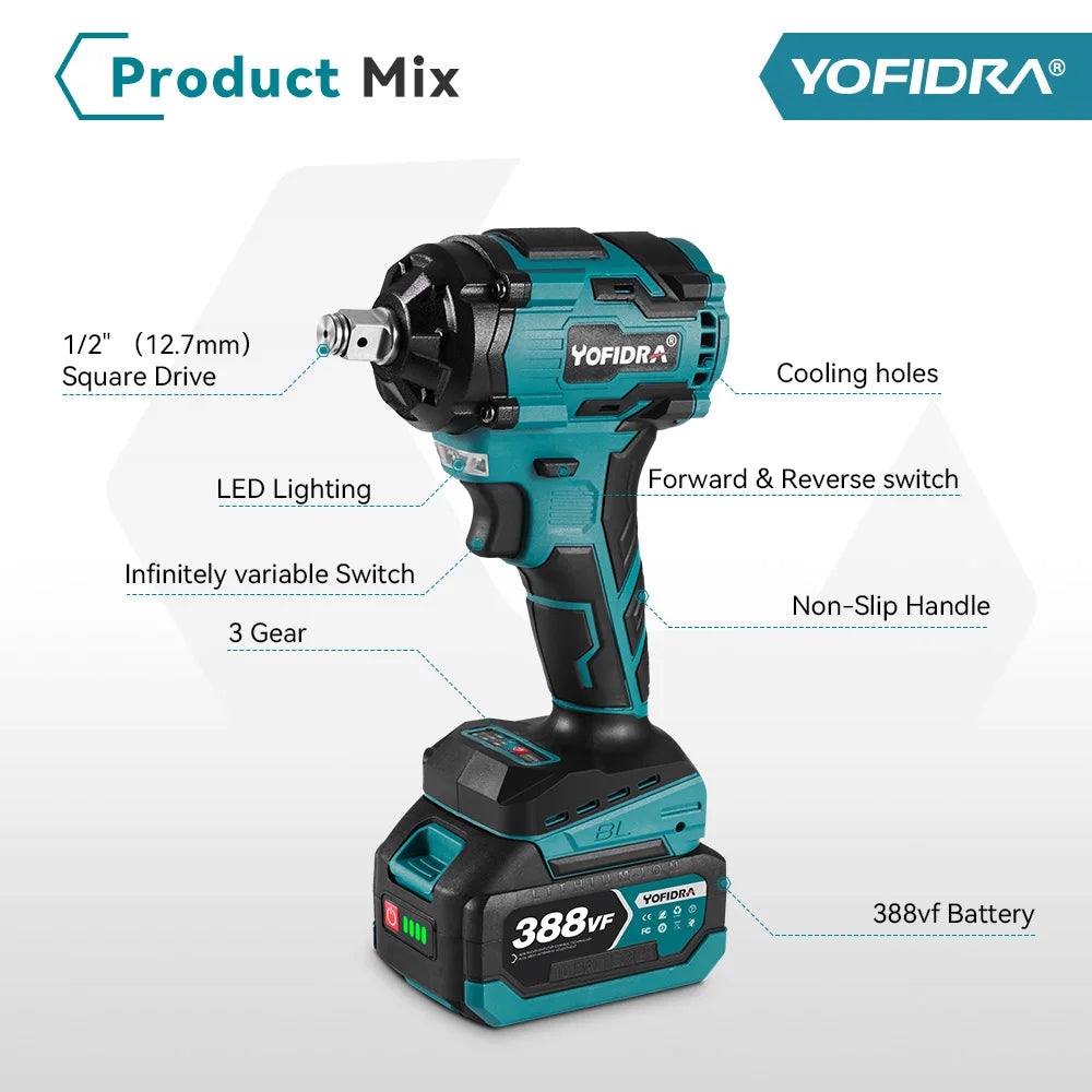 YOFIDRA 1/2 "1000N.M Bürstenlosen Elektrischen Schlagschrauber Handheld Cordless Auto Schraubendreher Bohrer Steckschlüssel Set Für Makita Batterie Pin