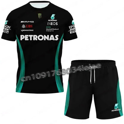2025 New Fashion Mercedes F1 Mens Black Fan Jersey and Shorts Racing Tracksuit Breathable Loose Casual Men Clothing 2 Piece Set.