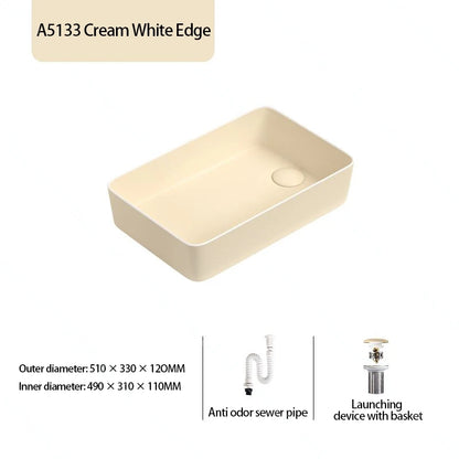 Rechteckiges Waschbecken aus Porzellan-Keramik für Badezimmer, modernes Waschbecken über der Theke mit Abflussset, Waschtischwaschbecken auf der Arbeitsplatte