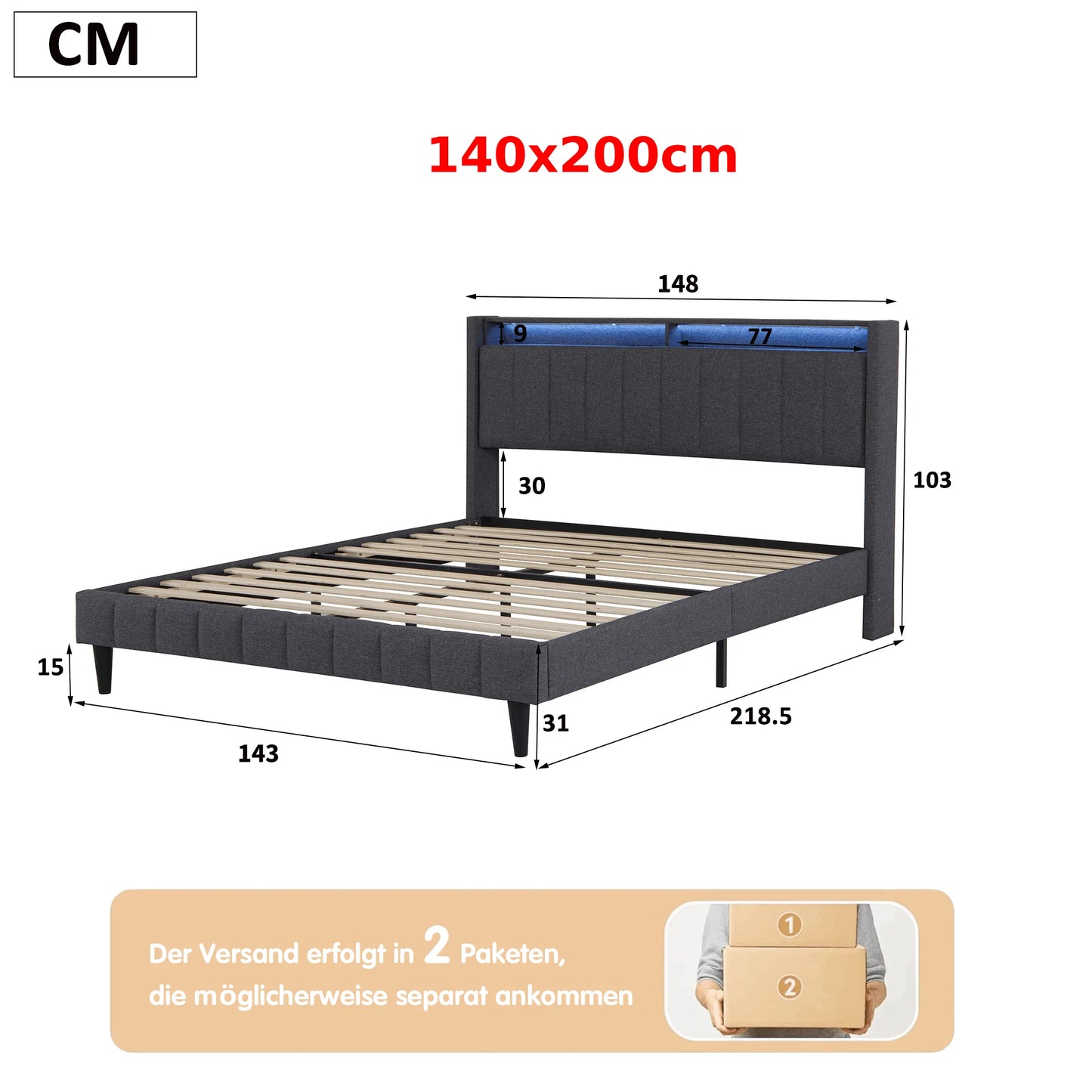 Anajqaqia gepolstertes Doppelbett 140 x 200 cm, 160 x 200 cm, mit Licht und Aufladung, ohne Matratze