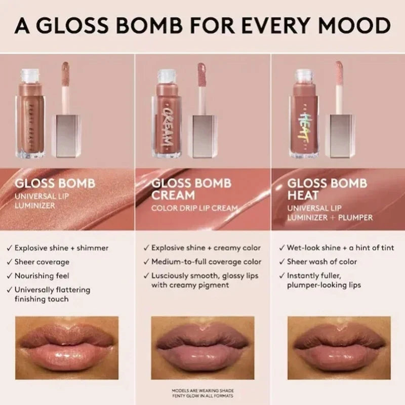 Fenty Beauty Gloss Bomb Lip Glaze Multi-color Moisten Shine Glitter Lip Plumper Makeup Beginner Liquid Lipstick Makeup Cosmetics.