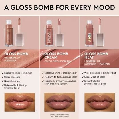 Fenty Beauty Gloss Bomb Lip Glaze Multi-color Moisten Shine Glitter Lip Plumper Makeup Beginner Liquid Lipstick Makeup Cosmetics.