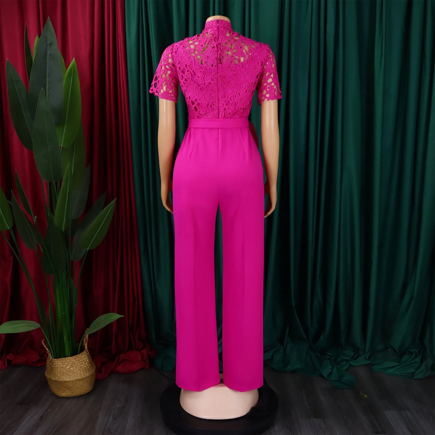 Elegant Jumpsuits & Rompers for Women O Neck Lace Patchwork Short Sleeve Sashes High Waisted Luxury Birthday Party Dinner Outfit.