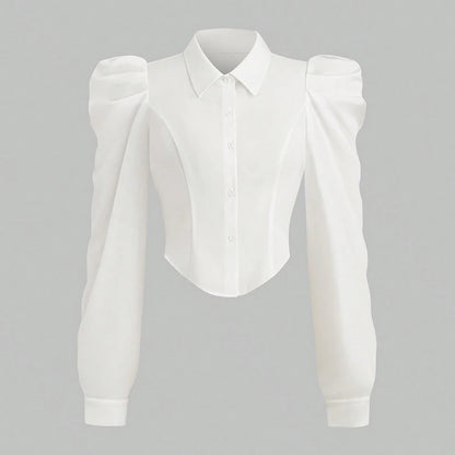 Plus Size Spring/Summer White Slim Fit Long Sleeve Shirt Solid Colour Fashionable and Versatile Office Wear Simple and Refined.
