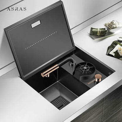 ASRAS Hidden Bar Island kitchen Sink Nanometer SUS 304 Flip Cover Hidden Handmade Small Size kitchen Sinks With Cup Rinser
