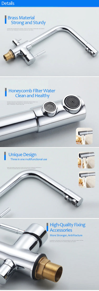 Chrome Brass Pure Water Kitchen Faucet Dual Handle Hot and Cold Drinking Water 3-way Filter Kitchen Purified Mixer Taps